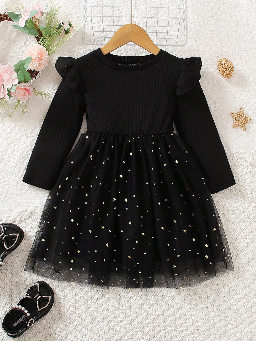 年轻女孩优雅公主风格圆领长袖连衣裙,配有亮片、星星图案和网眼嵌件 - 黑色 - 查看 1
