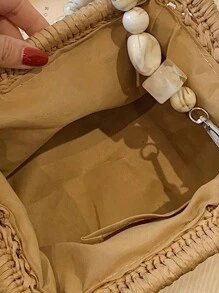 Bolsa de Ombro de Tecido de Palha de Cor Sólida para Praia e Viagens Casuais para Mulheres, Design Minimalista, Bolsa de Férias na Moda para o Verão