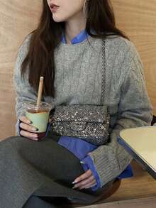 Jersey con bordado con estampado de animal de hombros caídos tejido de cable - Gris - Ver 4