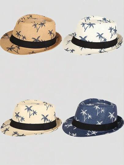 Summer Autumn Sunshade Sunscreen Breathable Bucket Hat Coconut Tree Printing Paper Straw Bowler Hat Women Girls Outdoor Beach Straw Hat