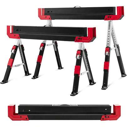 2 X Sawhorses, Portable Saw Bench Made Of Steel, 9-Level Height Adjustment, Carrying Handles, Non-Slip PVC Top, Workbench Set With Fold-Down Support Pins, Load Capacity Up To 1180 Kg