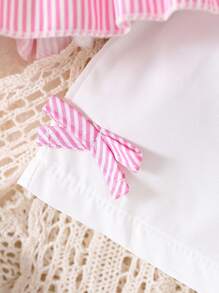 Áo dây đeo spaghetti sọc ngang mùa hè cho cô gái trẻ với bộ quần short trơn và viền bèo, có trang trí nơ, trang phục cô gái trẻ - Hồng - Xem 9