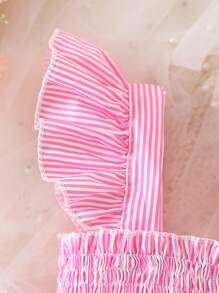 Áo dây đeo spaghetti sọc ngang mùa hè cho cô gái trẻ với bộ quần short trơn và viền bèo, có trang trí nơ, trang phục cô gái trẻ - Hồng - Xem 5