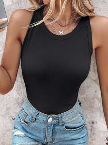 ChicMe Women Ribbed O-Neck Knit Sleeveless Cami Top Basic Slim Fit Tummy Control Tank Casual Top - Black - View 3