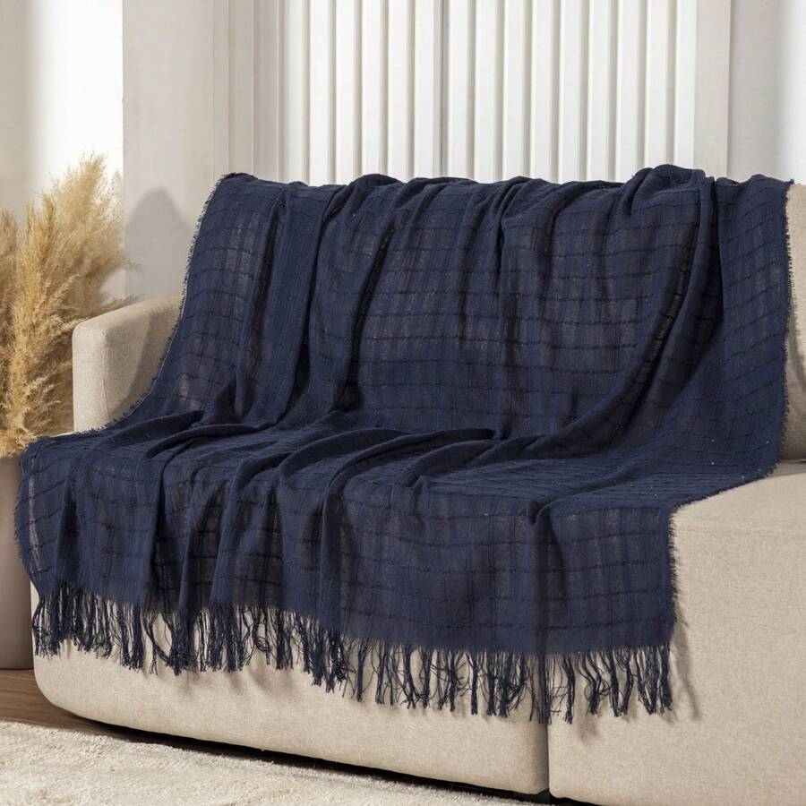 Manta Artesanal Premium 100% Algodão Grande Para Sofa Capa protetor de Sofa - Azul Marinho - Visão 1