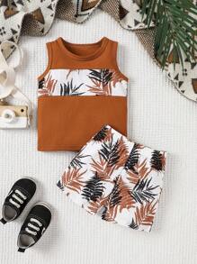 2 件装新生儿男孩无袖棕榈叶印花短裤休闲度假装 - 棕色 - 查看 1
