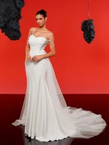 Vestido de novia minimalista y elegante de estilo sirena con tirantes finos y perlas sintéticas, vestido de novia blanco - Blanco - Ver 8