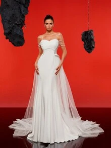 Vestido de novia minimalista y elegante de estilo sirena con tirantes finos y perlas sintéticas, vestido de novia blanco - Blanco - Ver 9