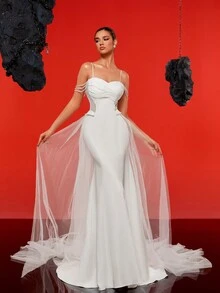 Vestido de novia minimalista y elegante de estilo sirena con tirantes finos y perlas sintéticas, vestido de novia blanco - Blanco - Ver 6