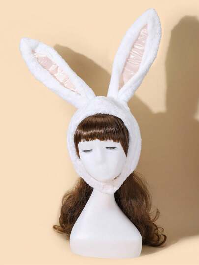 1pc Women's Solid Color Cute Cartoon Long Ear Rabbit Fluffy Hooded Hat, Warm Ear Protection Costume Prop, Autumn/Winter Halloween