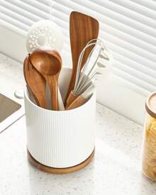 Lechay Utensil Holder, 360° Rotating Large Kitchen Utensil Holder, Ceramic Cooking Utensil Holder For Kitchen Counter With Rotatable And Detachable Wooden Base - White - View 6
