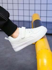 Teens Casual Personalized Sports Shoes, Campus Style Comfortable White Sneakers, Spring & Autumn Unisex Big Kids Simple Hook-And-Loop Flat Shoes