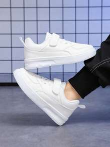 Teens Casual Personalized Sports Shoes, Campus Style Comfortable White Sneakers, Spring & Autumn Unisex Big Kids Simple Hook-And-Loop Flat Shoes