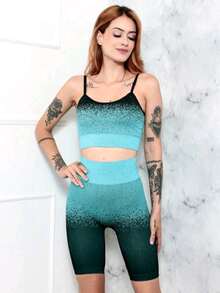 YOGA SET FASHION FITNESS SEAMLESS GRADE SHORT AND TOP - 淺藍色 - 查看 6