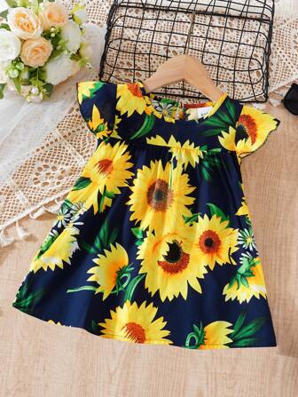 女宝宝小盖袖向日葵连衣裙婴儿时尚可爱公主裙