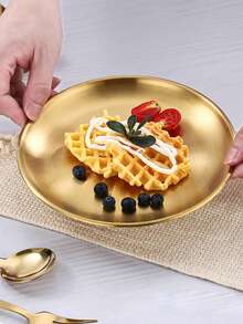 4pcs Stainless Steel Dinnerware Set, Gold Metal Salad Snack Plates Durable Kitchen Tableware, Round Appetizer Serving Trays For Camping, BBQ, Wedding - Gold - View 8