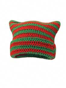 1pc Unisex Hand Knitted Cute Striped Cat Ear Beanie Hat, Autumn Winter Warm Ear Protective Handmade Striped Ski Mask Street Fashion Hip-Hop Couple Headwear - Multicolor - View 21