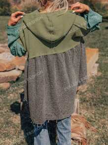 Getextureerde colorblock patchwork brede mouw drop-shoulder gerafeld hoog laag hoodie