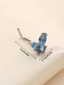 1pc Blue Zirconia L-Shaped Nose Ring With Mini Butterfly Design - Multicolor - View 2