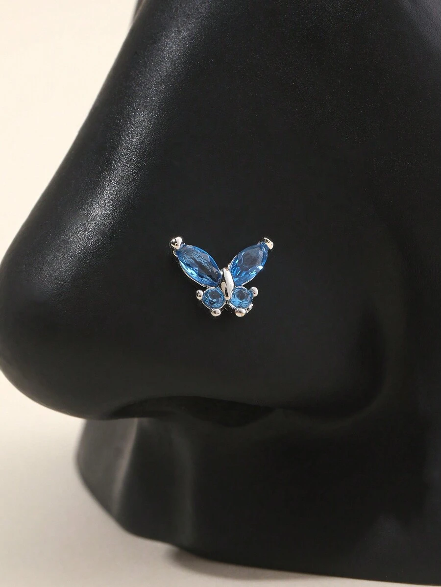 1pc Blue Zirconia L-Shaped Nose Ring With Mini Butterfly Design - Multicolor - View 1