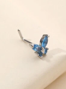 1pc Blue Zirconia L-Shaped Nose Ring With Mini Butterfly Design - Multicolor - View 3