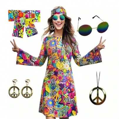 6pcs/Set 70s Retro Hippie Style Jewelry Set, Includes Necklace And Earrings, Vintage Style, Suitable For Girls And Women (Pattern Placement Random). Can Be Used For Christmas Party, Carnival Party Costume, Valentine's Day Gift, Floral Pattern, Basic Style, Outdoor Wear, Party Outfit, Elegant Attire, 90s Style Clothing, Singles Party, Mature Women's Wear, Halloween Party Costume