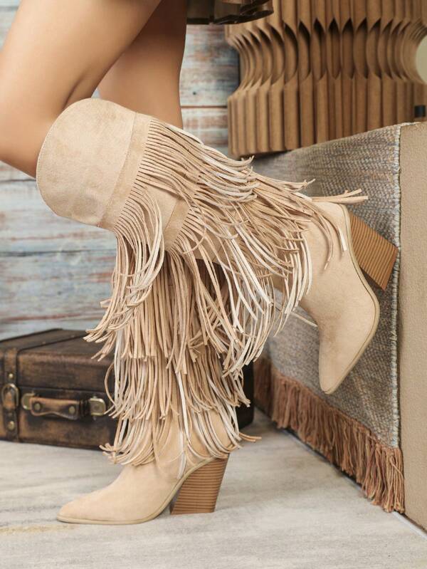 Women's Fashion Yellow Knee-High Geometric Fringe Decor Side Zipper Faux Suede Chunky Heel Resort Boots, Wear With Cardigan, Match With Sweater, Wooden Texture High Heel Pointed Toe Comfortable Western Cowboy Boots