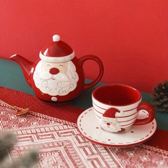 European Style Santa Claus Ceramic Coffee Cup & Saucer Set, Creative Gift, Tea Pot, Relief Afternoon Tea Cup & Saucer, Tea Set
