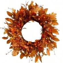 24 Inch Fall Wreath Pumpkin Wreath For Front Door With Maple Leaves Harvest Wreath For Door Window Porch Thanksgiving Halloween Decor Christmas Decorations Home Christmas Gifts Christmas Decor - Cherry laurel leaves - View 1