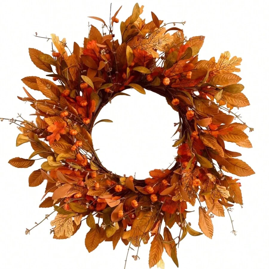 24 Inch Fall Wreath Pumpkin Wreath For Front Door With Maple Leaves Harvest Wreath For Door Window Porch Thanksgiving Halloween Decor Christmas Decorations Home Christmas Gifts Christmas Decor - Cherry laurel leaves - View 1