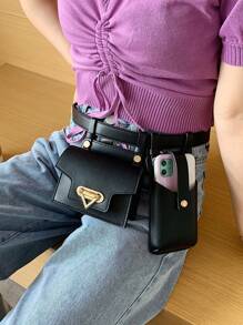 2pcs/Set PU Leather Women Black Waist Bag & Chest Bag