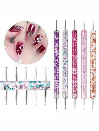 美甲点彩工具套装 - 1/5 件套珠子和花朵设计笔，多头精密钻头 DIY 美甲特制
