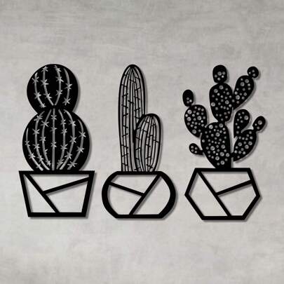 Kit Quadro Decorativo Vazado Conjunto Cactos Escultura de Parede MDF Preto