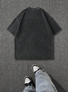 Hemo 男士水洗复古卡通女孩印花圆领短袖T恤 - 黑色 - 查看 2