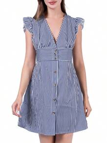 Vestido Corto De Verano Con Mangas Y Rayas De Mariposa - Azul - Ver 1