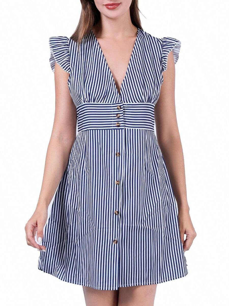 Vestido Corto De Verano Con Mangas Y Rayas De Mariposa - Azul - Ver 1