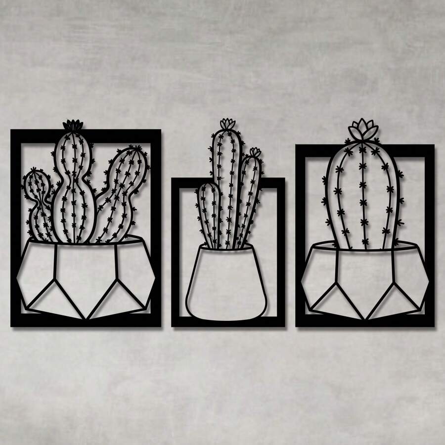 Hollow Decorative Frame Kit Cactus Trio Set 2 Black MDF Wall Sculpture - màu đen - Xem 1