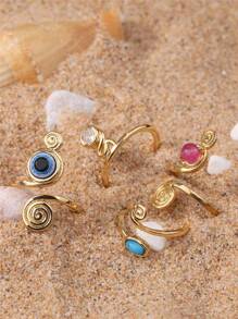 4pcs/Set Handmade Vintage Bohemian Style Pink Crystal, Cubic Zirconia, Turquoise Toe Rings For Women, Summer Beach Jewelry - Gold - View 4