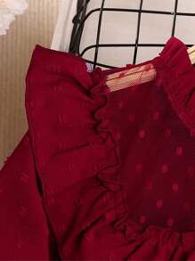 Conjunto de 2 piezas de niña de top de manga larga de lunares + falda bustier, cómodo y versátil conjunto infantil con encaje, volantes, mangas princesa y cinturón - Rojo - Ver 5