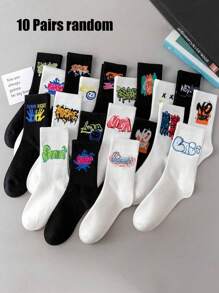 10pairs Random Black-And-White Teenagers Boy's Street Style Casual Sporty Graffiti Mid-Calf Socks