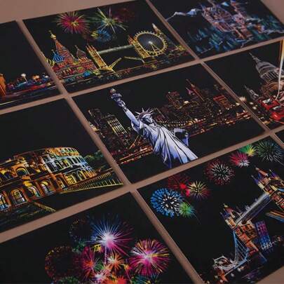 1 Set Of 4pcs Night Scenery Scratch Painting, Colorful City Landscape Buildings Scratch Art Postcards, Suitable For Art Enthusiasts Back To School,Mother's Day,Mom's Gift
