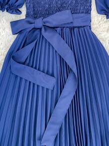 Pleated Midi Waist Elastex Dress - Navy Blue - View 3