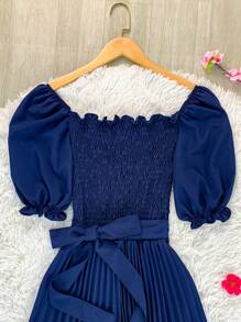 Pleated Midi Waist Elastex Dress - Navy Blue - View 5