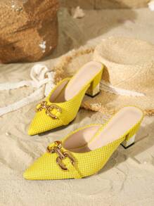 Women's Yellow Pointed Toe Thick Heel Stylish Shoes For Going Out - Yellow - View 7