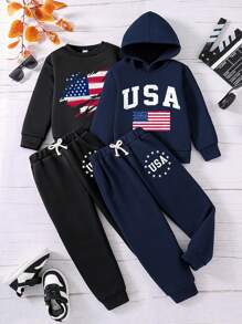 2pcs/Set Young Boy Cartoon Print Warm Crew Neck Sweatshirt And Hoodie With Sweatpants - Multicolor - View 2