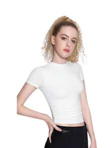 Playera Lisa Básica Mujer – Tejido Acanalado, Cuello Corto y Manga Corta T Shirt Nataly Sport - Blanco - Ver 3