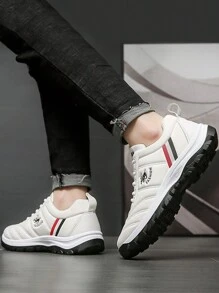 Zapatillas de tenis casuales para hombres, suela antideslizante de color sólido con cordones Zapatillas para correr en pareja - Blanco - Ver 4