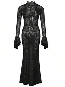 Valentine Flare Sleeve Lace Mermaid Hem Dress,Ladies' Gothic Sexy Clothing,Christmas Dress - Black - View 1