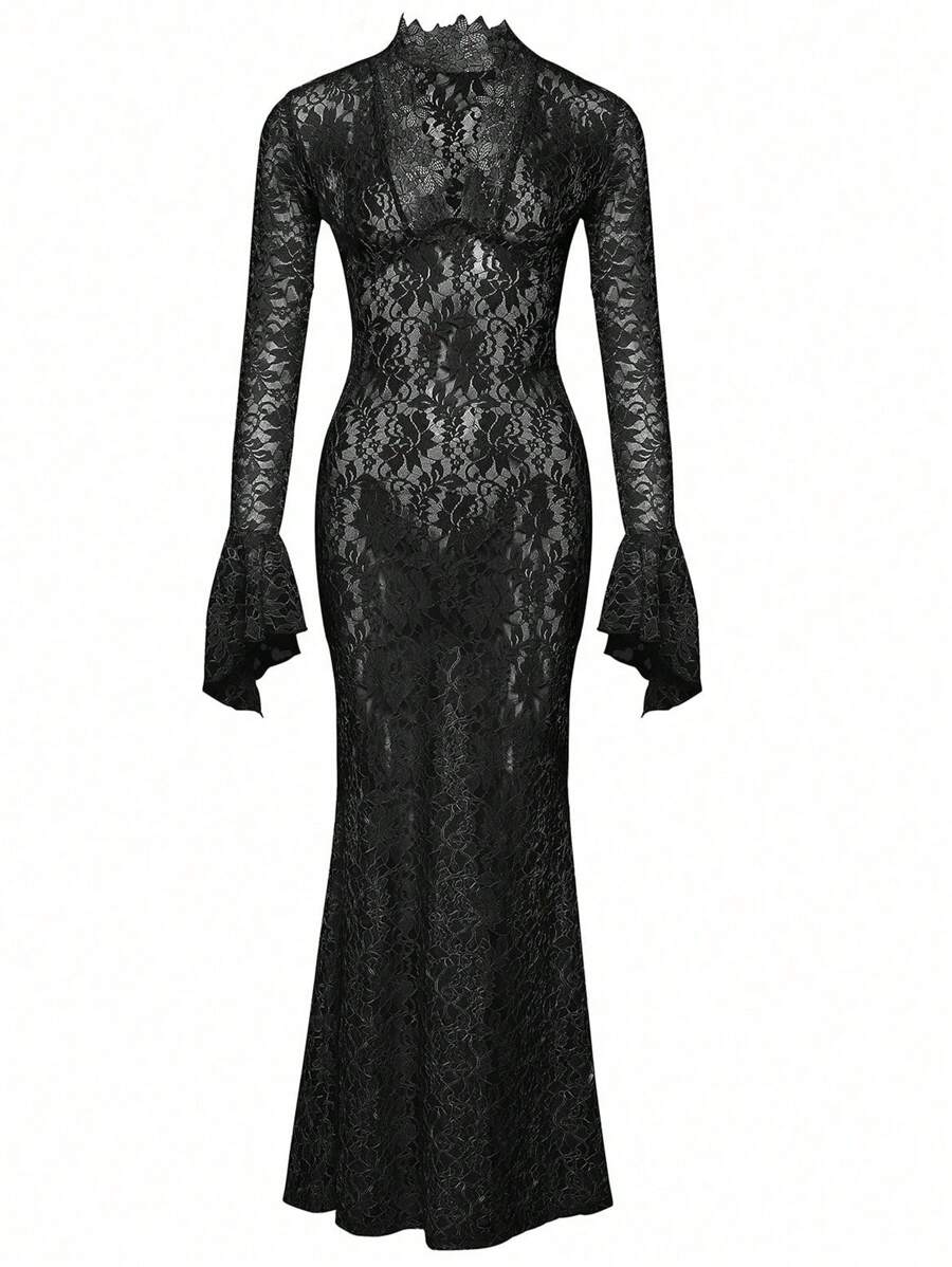 Valentine Flare Sleeve Lace Mermaid Hem Dress,Ladies' Gothic Sexy Clothing,Christmas Dress - Black - View 1