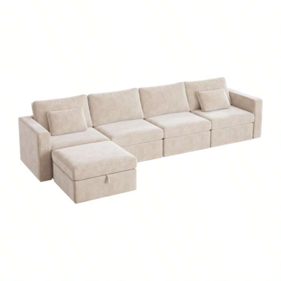 Modern Velvet L-Shaped Combination Sofa, Oversized Interior Decoration Combination Sofa, Guifei Sofa With Storage Footstool, Used For Living Room/Attic/Apartment/Office - White 5 Seats - 白色 - 查看 1